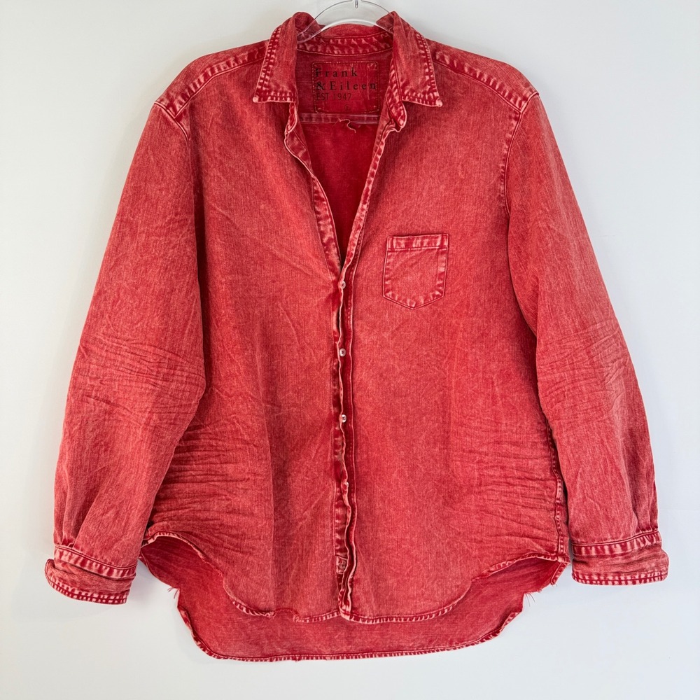 Frank & Eileen Eileen Shirt Women Large Red Acid Wash Denim Distressed Hem
